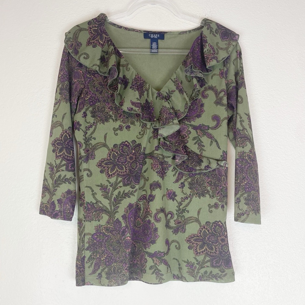 Chaps Ralph Lauren Mesh Floral Paisley Top Large Ruffle Neck Boho Forest Cottage